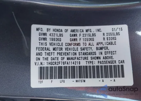 2015 Honda Accord Ex z USA, uszkodzony, nr VIN 1HGCR2F76FA114219